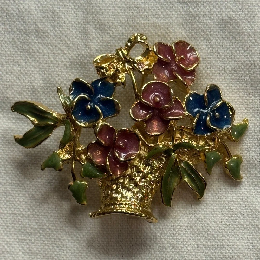 Vintage Gold‎ Tone Enamel Flower Basket Brooch Pink Blue Pansy Floral Pin